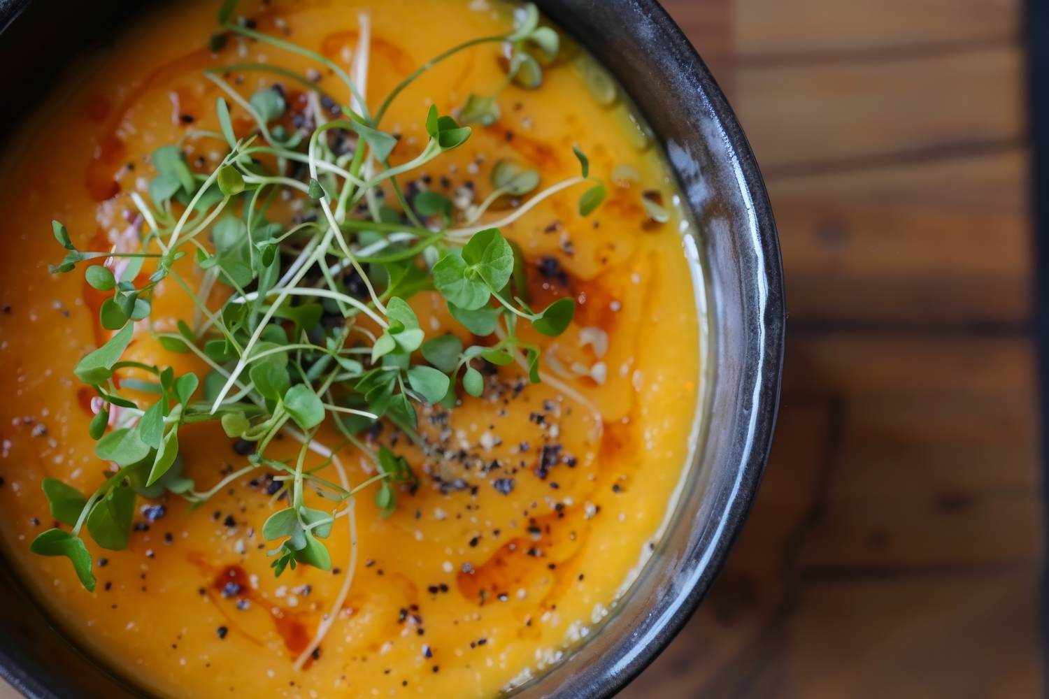 Vegan carrot ginger soup in a dark bowl, finished with microgreens, cracked pepper and chilli oil.