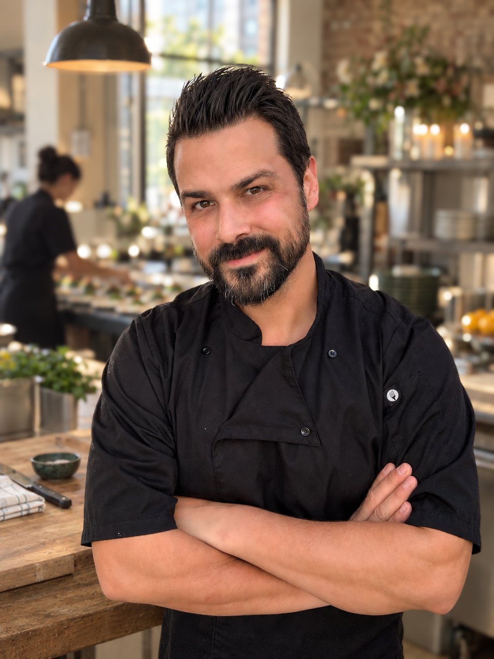 Chef Jesse Brune in a black chef jacket with his arms crossed, standing in a bright kitchen while a cook plates food behind him.