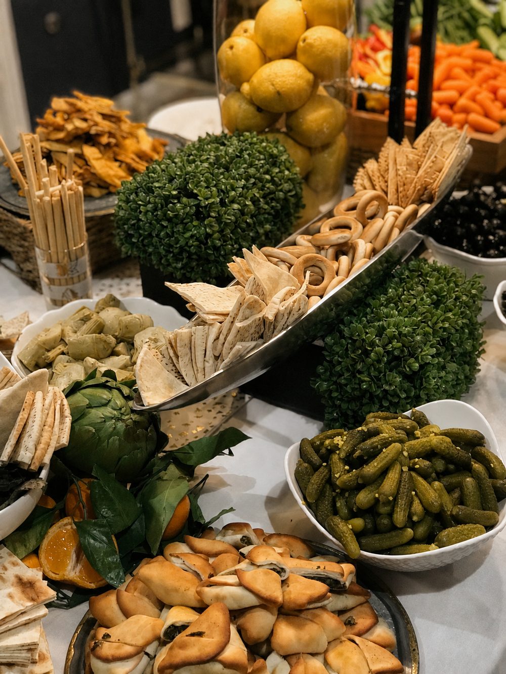 A vegan grazing table piled with pita, breadsticks, marinated artichokes, cornichons, olives, spinach pies, crudités and a tall jar of lemons.