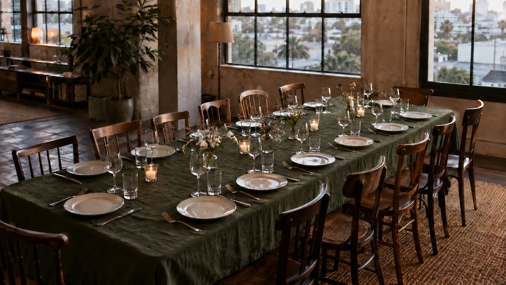 A long dinner table set for a private plant-based dinner in a Los Angeles loft at dusk.